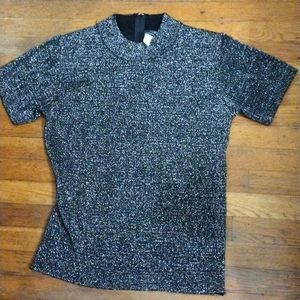 80s 90s Black and Silver Knit Top Zips at Back of Nape Metallic Silver Size S